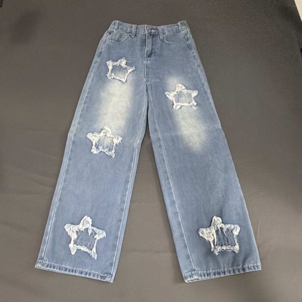SHEIN Girls Size 12Y High Rise Wide Leg Jeans Star Distressed Blue Denim